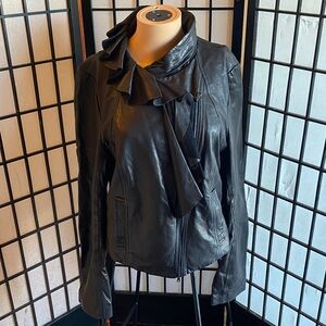Diane Von Furstenberg Black Leather Jacket with Ruffle Detail